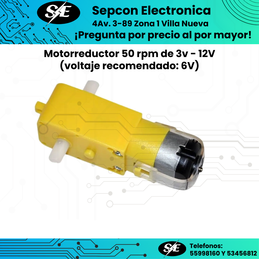 Motorreductor Amarillo 3–12 V 50 RPM – Ideal para Robótica y Arduino