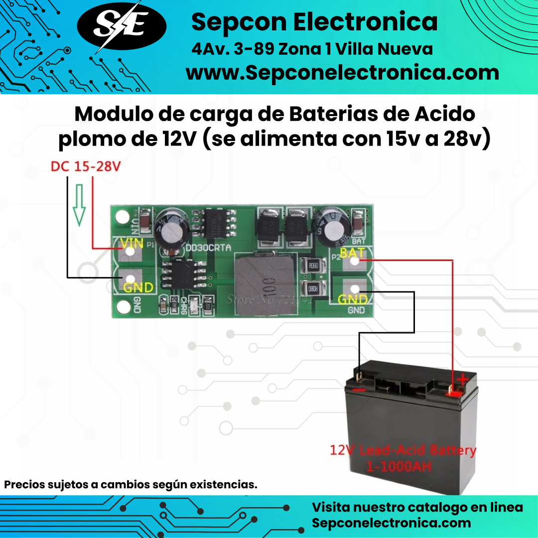 Modulo de carga de Baterías de Acido plomo de 12V 3A (se alimenta con 15v a 28v)