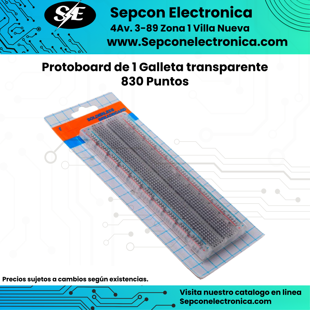 Protoboard transparente de 1 galleta 830 Puntos