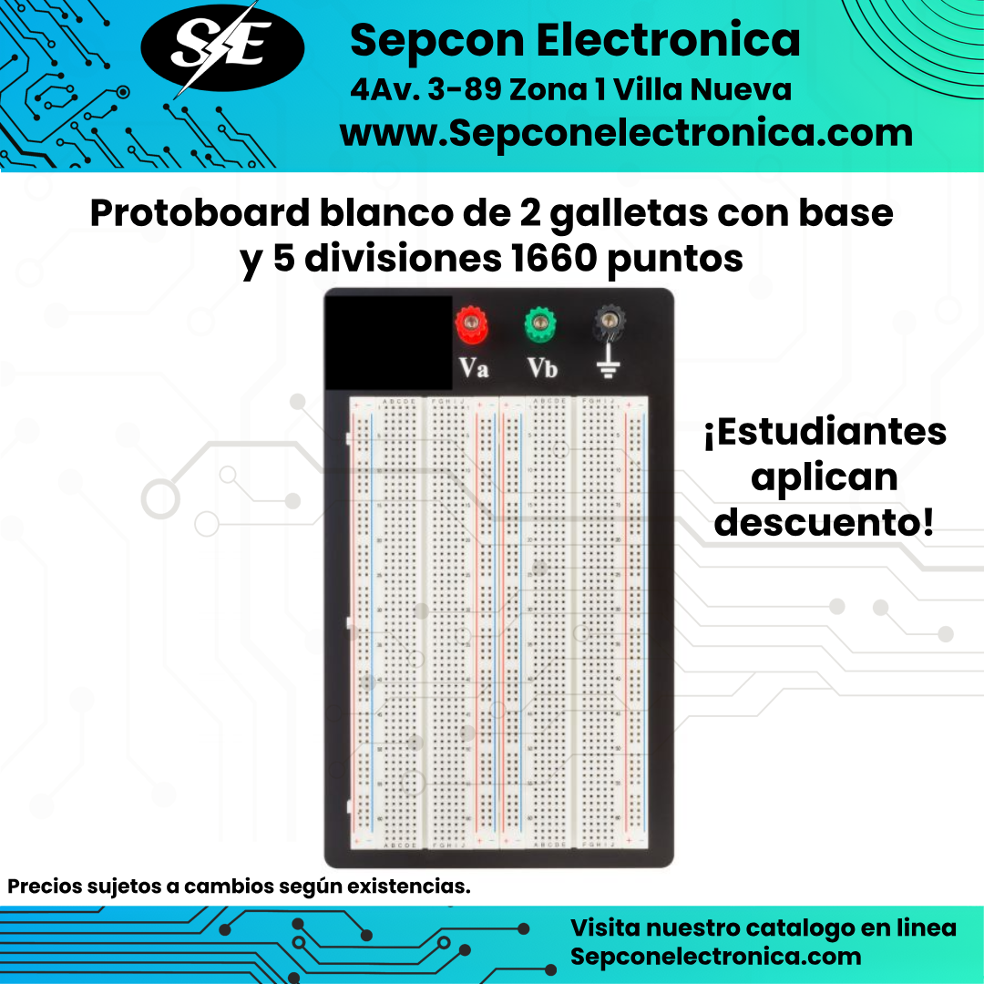 Protoboard blanco de 2 galletas con base y 5 divisiones 1660 puntos