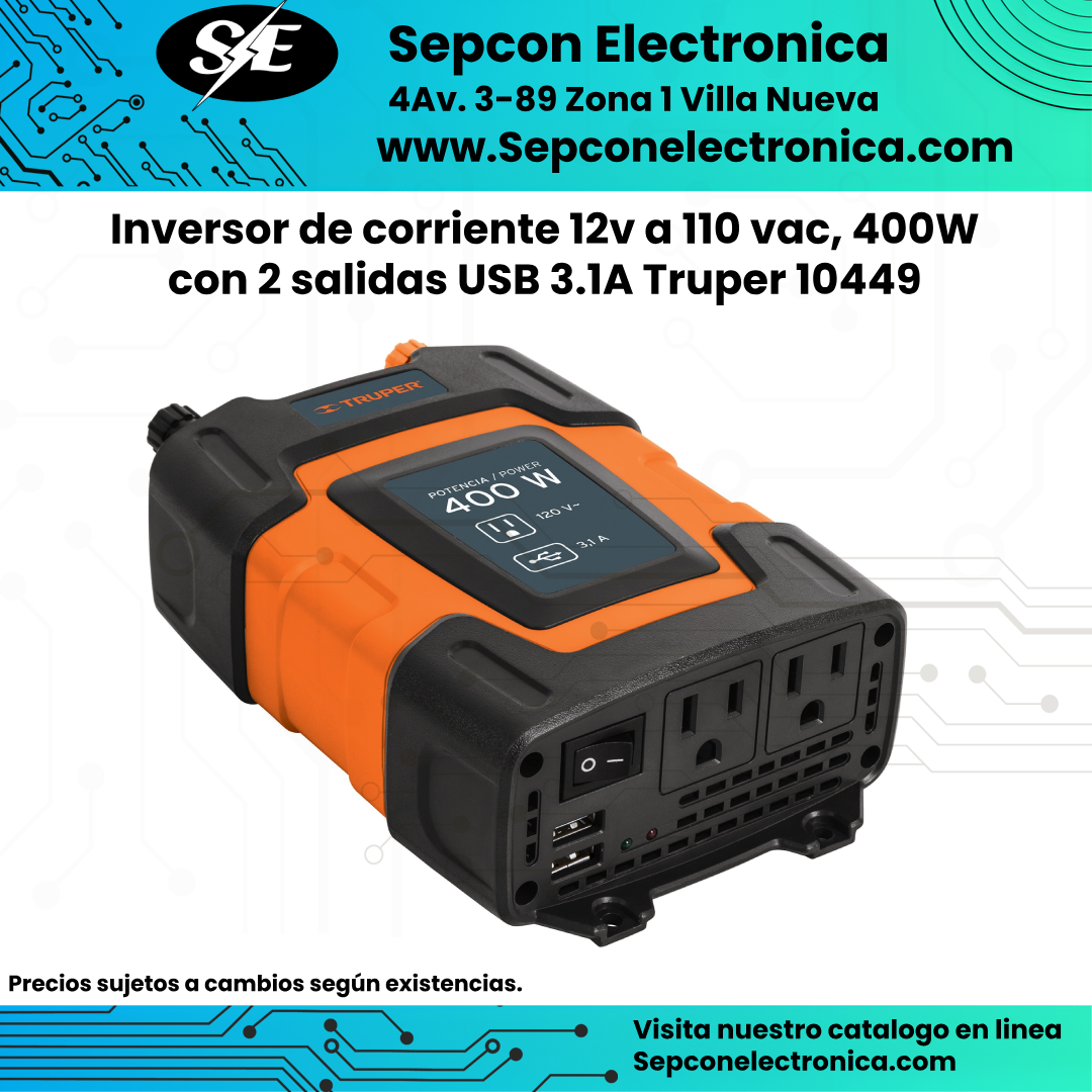 Inversor de corriente 12v a 110 vac, 400W con 2 salidas USB 3.1A Truper 10449