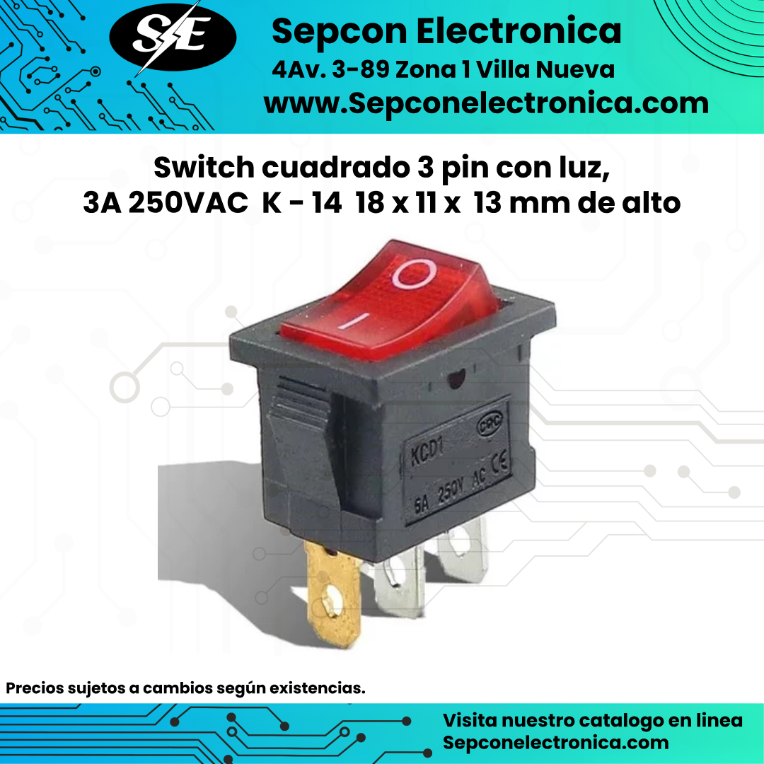 Switch cuadrado ON-OFF 3 pines con luz 3A 250V 18 x 11 x 13 mm de alto KA-14