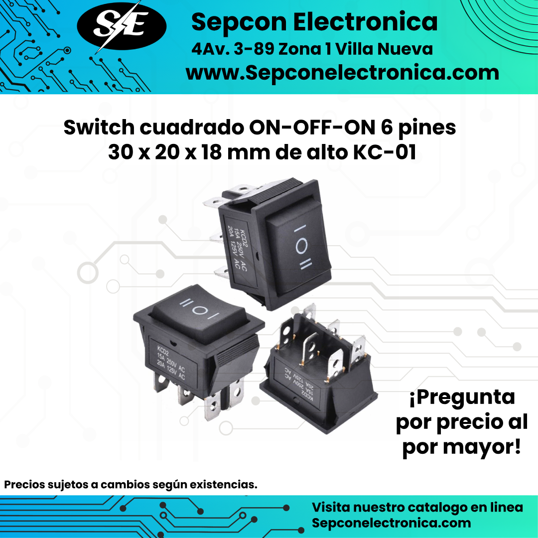 Switch cuadrado ON-OFF-ON 6 pines 30 x 20 x 18 mm de alto KC-01