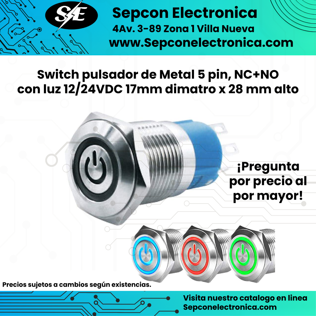Switch pulsador de Metal 5 pin, NC+NO con luz 12/24VDC 17mm dimatro x 28 mm alto HSC16F