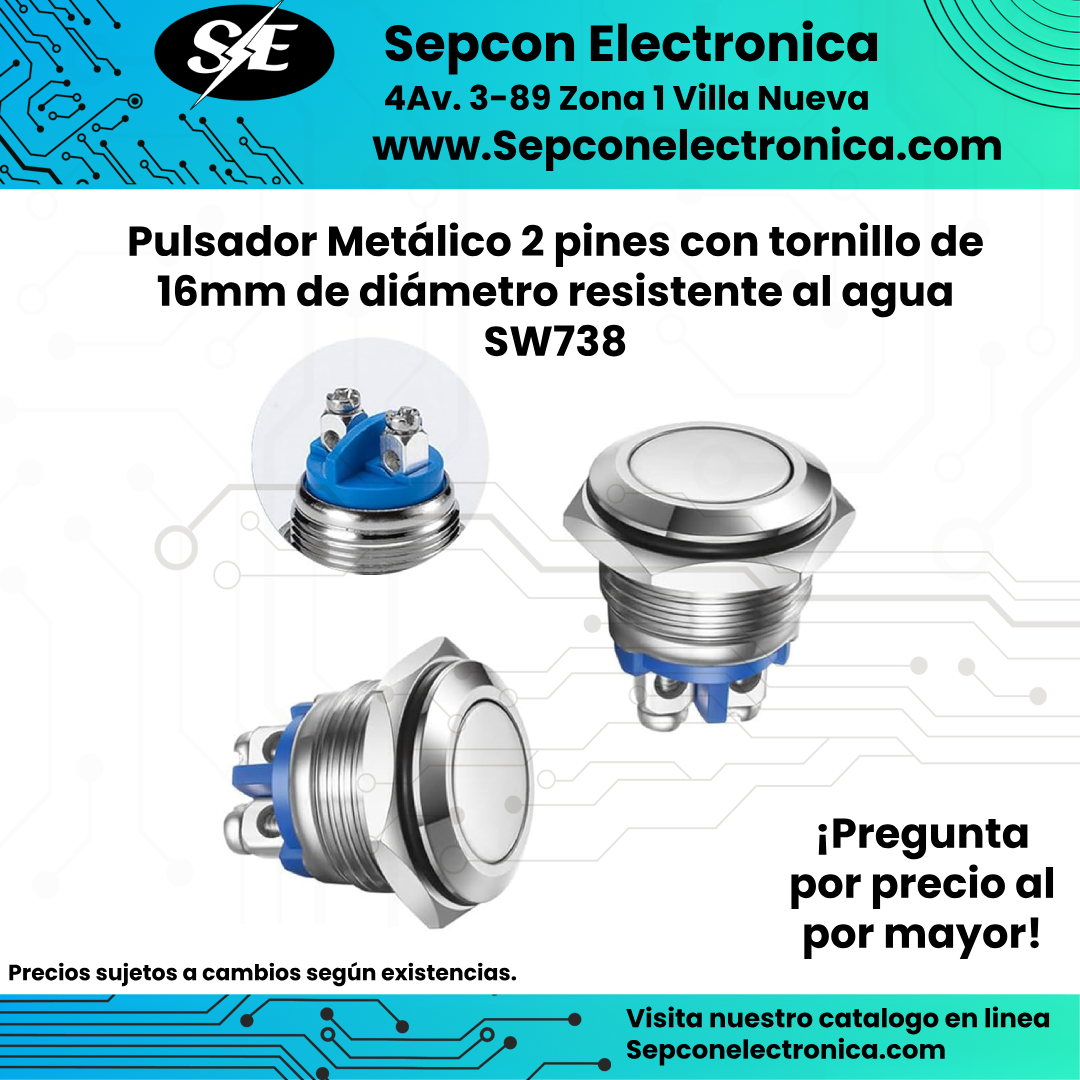 Pulsador Metálico 2 pines con tornillo de 16mm de diámetro resistente al agua SW738