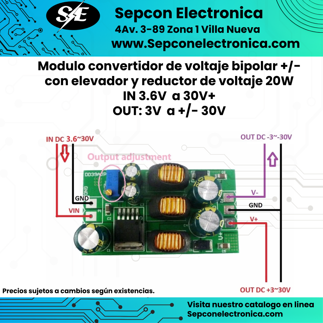 Modulo convertidor de voltaje bipolar +/- con elevador y reductor de voltaje 20W IN 3.6V a 30V+ OUT: 3V a +/- 30V