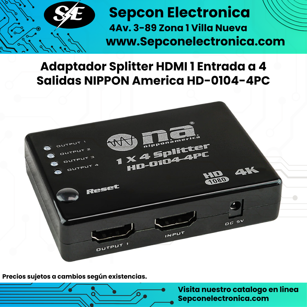 Adaptador Splitter HDMI 1 Entrada a 4 Salidas NIPPON America HD-0104-4PC