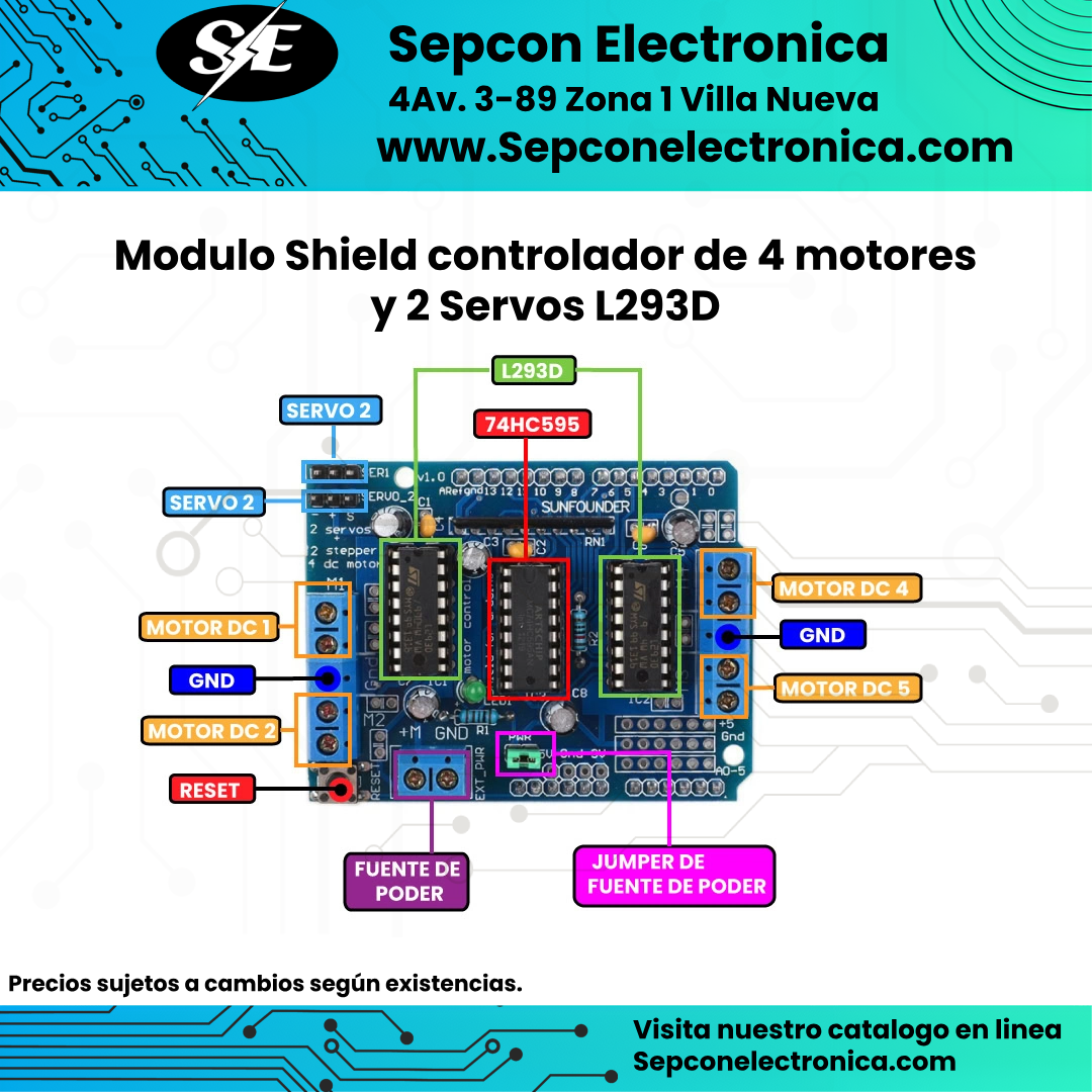 Módulo Shield Controlador de 4 Motores y 2 Servos L293D