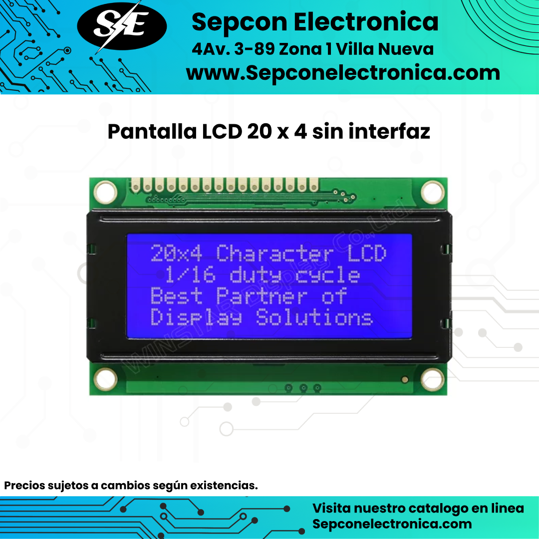 Pantalla LCD 20 x 4 sin interfaz
