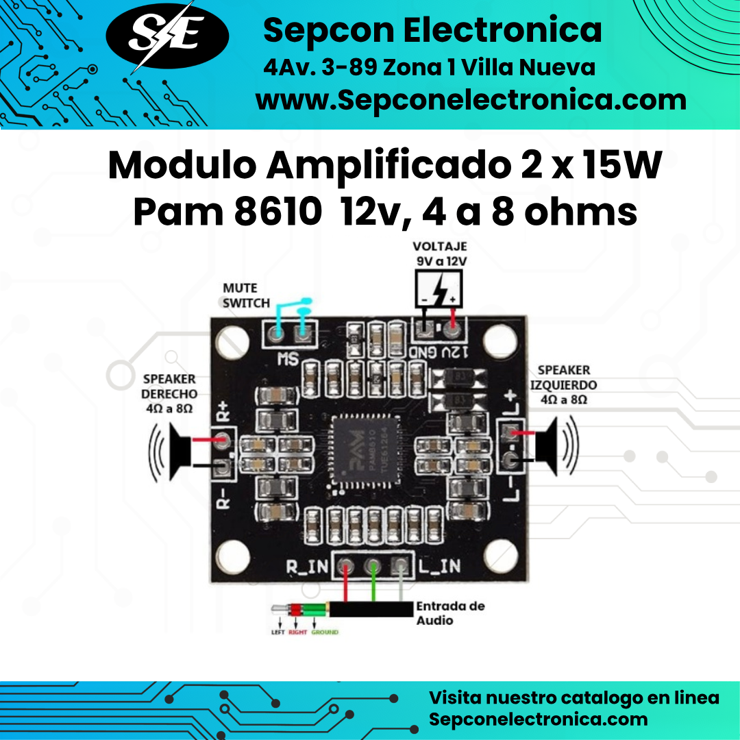 Módulo Amplificador de Audio PAM8610 – 2x15W, 4-8Ω