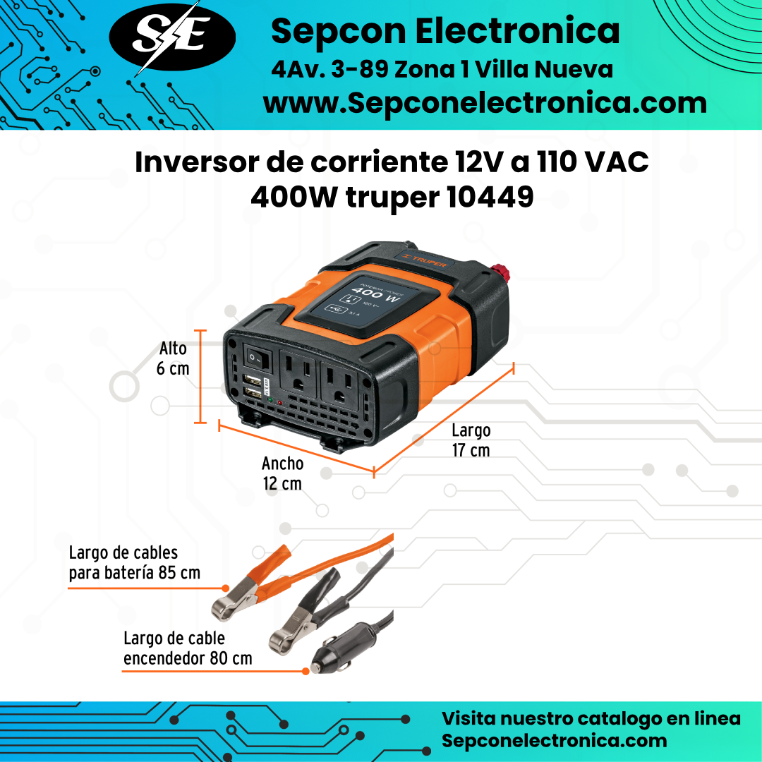 Inversor de corriente 12V a 110 VAC 400W trupper 10449