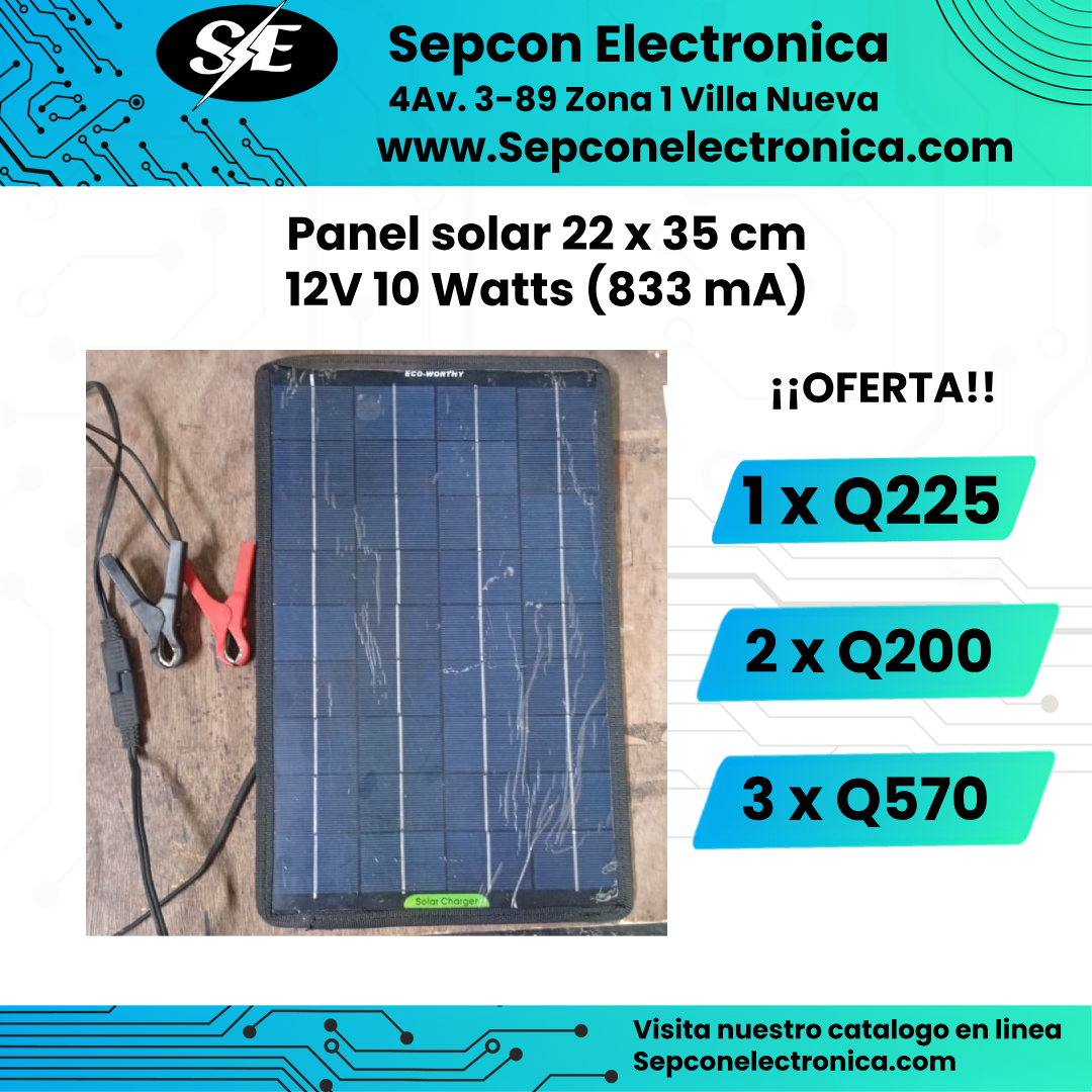 Panel solar 22 x 35 cm 12V 10 Watts (833 mA)