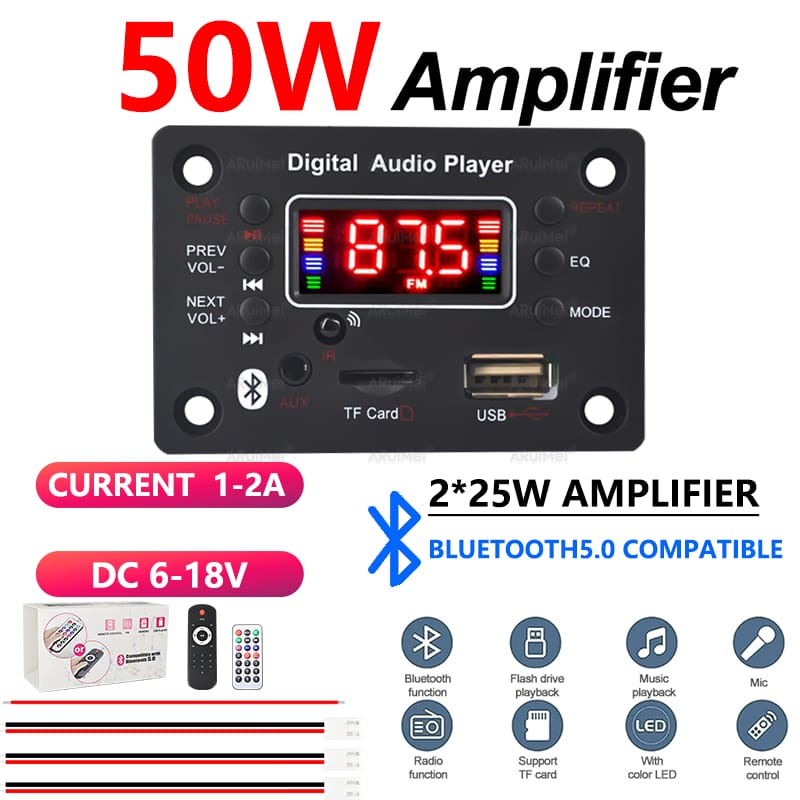 Modulo mp3 con bluetooth amplificador de 25W x 2 canales de 6v a 18v