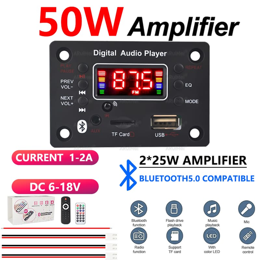 Modulo mp3 con bluetooth amplificador de 25W x 2 canales de 6v a 18v