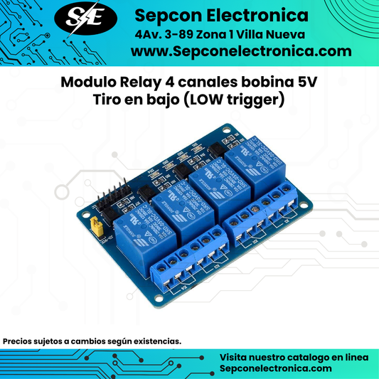 Modulo relay 4 canales bobina 5V tiro en bajo
