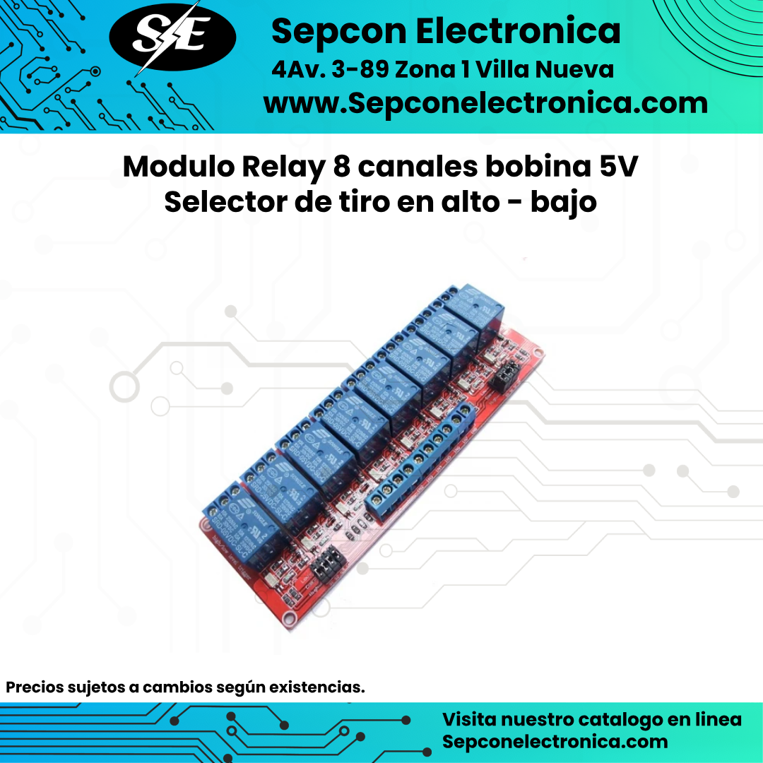 Modulo relay 8 canales bobina 5V con selector de tiro bajo - alto