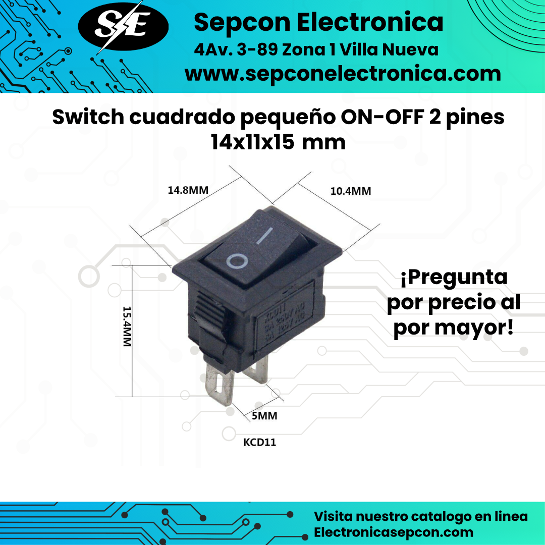 Switch cuadrado pequeño ON-OFF 2 pines 6A 250VAC  14x11x16  mm