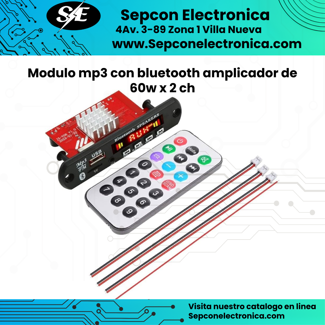Modulo mp3 con bluetooth amplificador de 60W x 2 canales