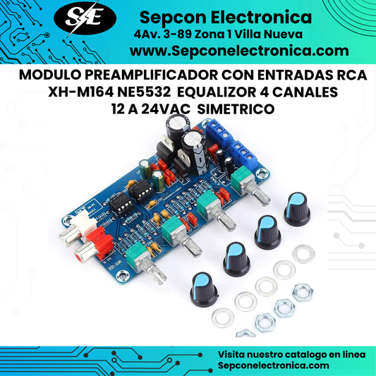 MODULO PREAMPLIFICADOR CON ENTRADAS RCA XH-M164 NE5532  EQUALIZOR 4 CANALES 12 A 24VAC  SIMETRICO