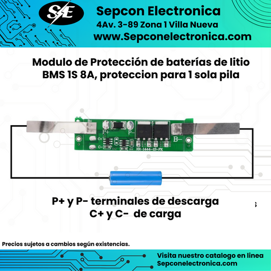 Modulo de Protección de baterías de litio BMS 1S 8A, proteccion para 1 sola pila