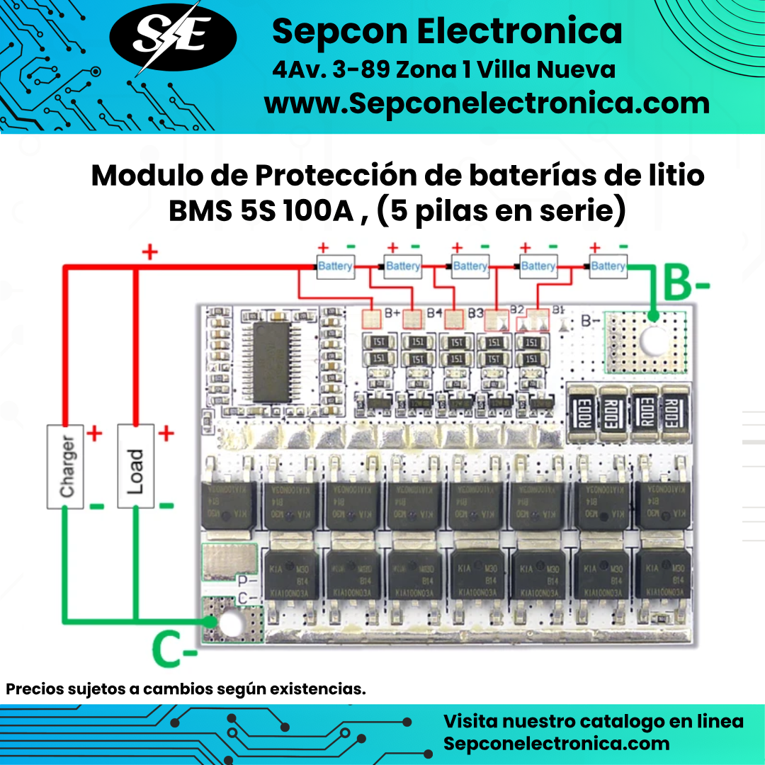 Modulo de Protección de baterías de litio BMS 5S 100A , (5 pilas en serie, 21V)