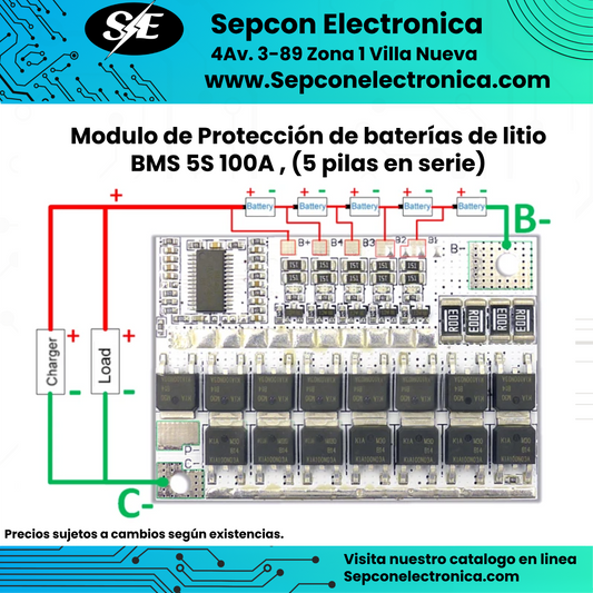 Modulo de Protección de baterías de litio BMS 5S 100A , (5 pilas en serie, 21V)