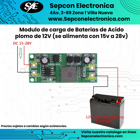 Modulo de carga de Baterías de Acido plomo de 12V 3A (se alimenta con 15v a 28v)