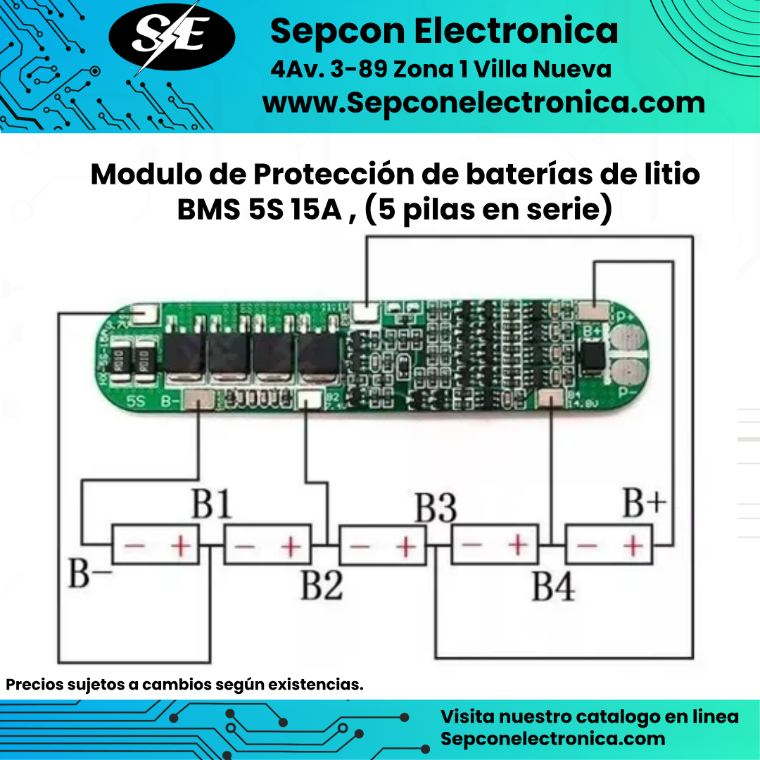 Modulo de Protección de baterías de litio BMS 5S 15A , (5 pilas en serie, 21V)