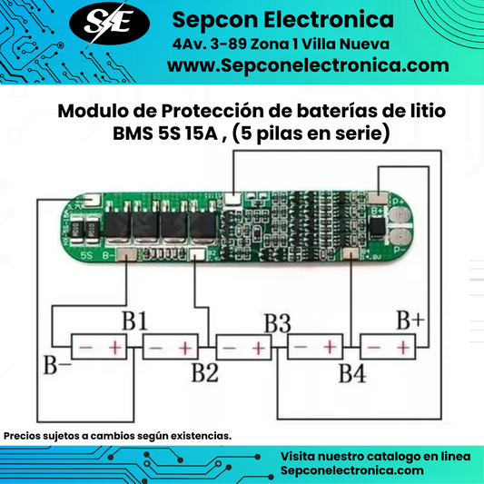 Modulo de Protección de baterías de litio BMS 5S 15A , (5 pilas en serie, 21V)