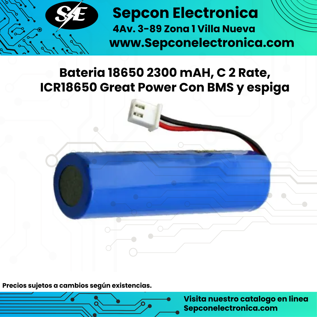 Bateria 18650 2300 mAH, C 2 Rate, ICR18650 Great Power Con BMS y espiga