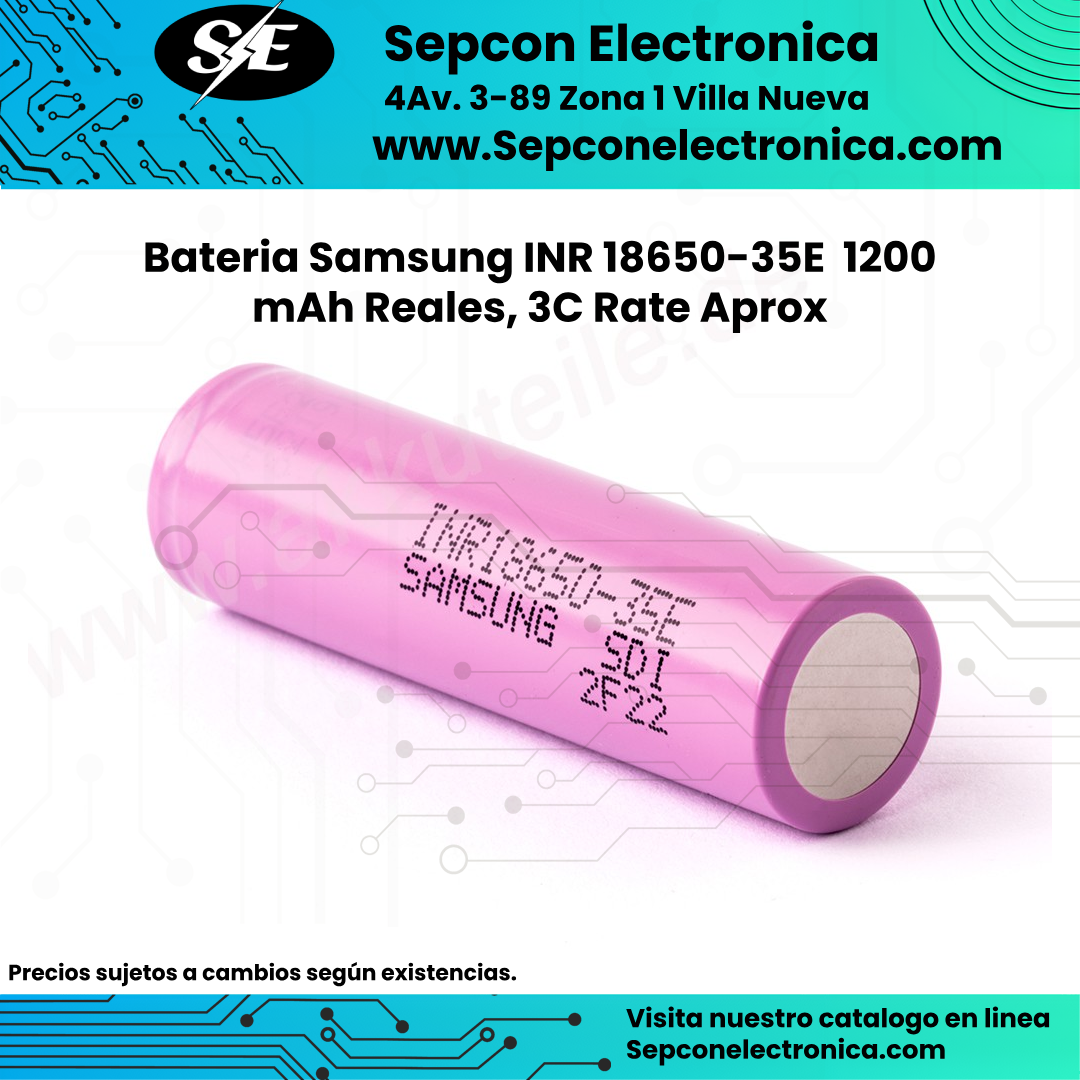 Batería 18650 Samsung INR18650-35E 1200 mAh (C-Rate Aprox: C3, 42 mΩ)