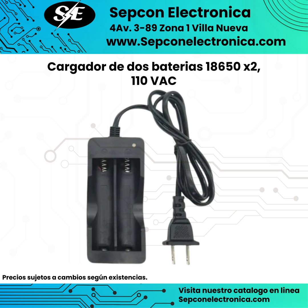 Cargador de baterías 18650 para 2 unidades (x2), conexión 110 VAC