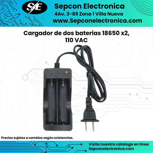 Cargador de baterías 18650 para 2 unidades (x2), conexión 110 VAC
