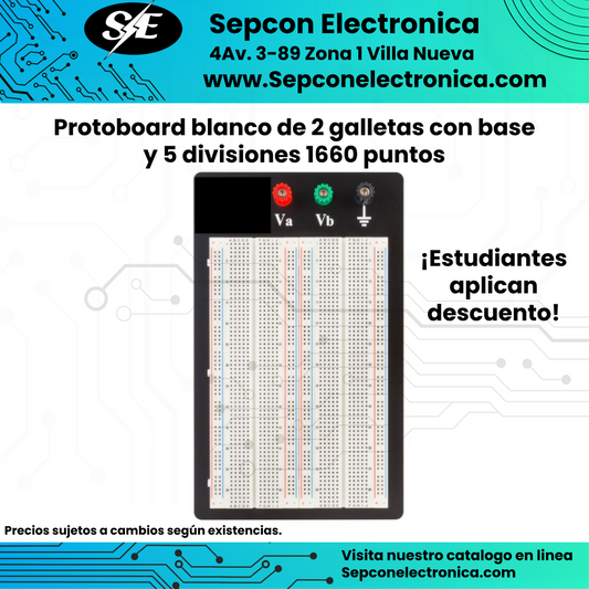 Protoboard blanco de 2 galletas con base y 5 divisiones 1660 puntos
