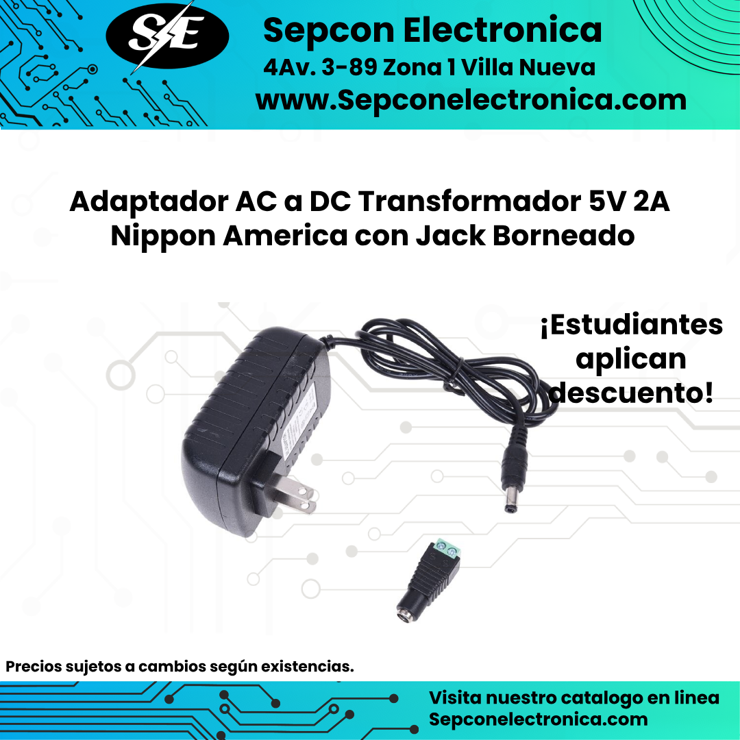 Adaptador AC a DC Transformador 5V 2A Nippon America con Jack Borneado
