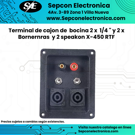 Terminal de bocina con 2 Speakon,  2 jacks de 1/4 y 2 bananas