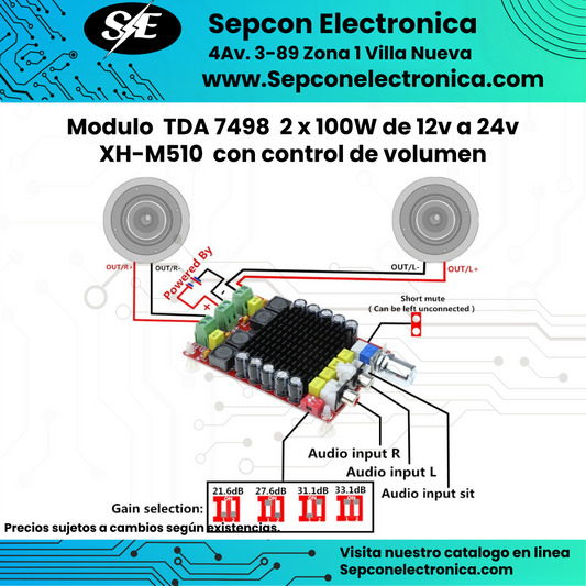 Modulo  TDA 7498  2 x 100W de 12v a 24v XH-M510  con control de volumen