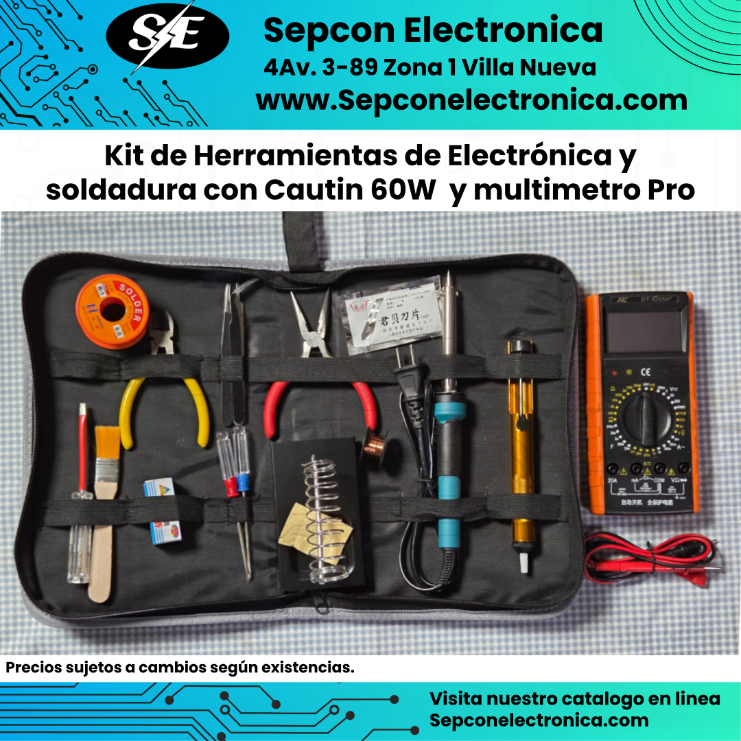 Kit de Herramientas de Electrónica y soldadura con Cautín 60W  y multímetro Pro