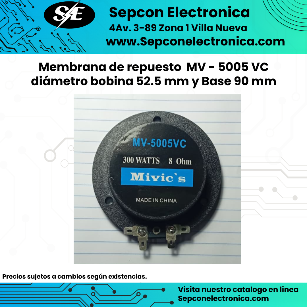 Membrana de repuesto  MV - 5005 VC diámetro bobina 52.5 mm y Base 90 mm