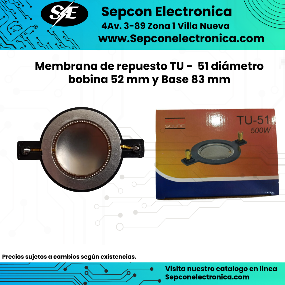 Membrana de repuesto TU -  51 diámetro bobina 52 mm y Base 83 mm