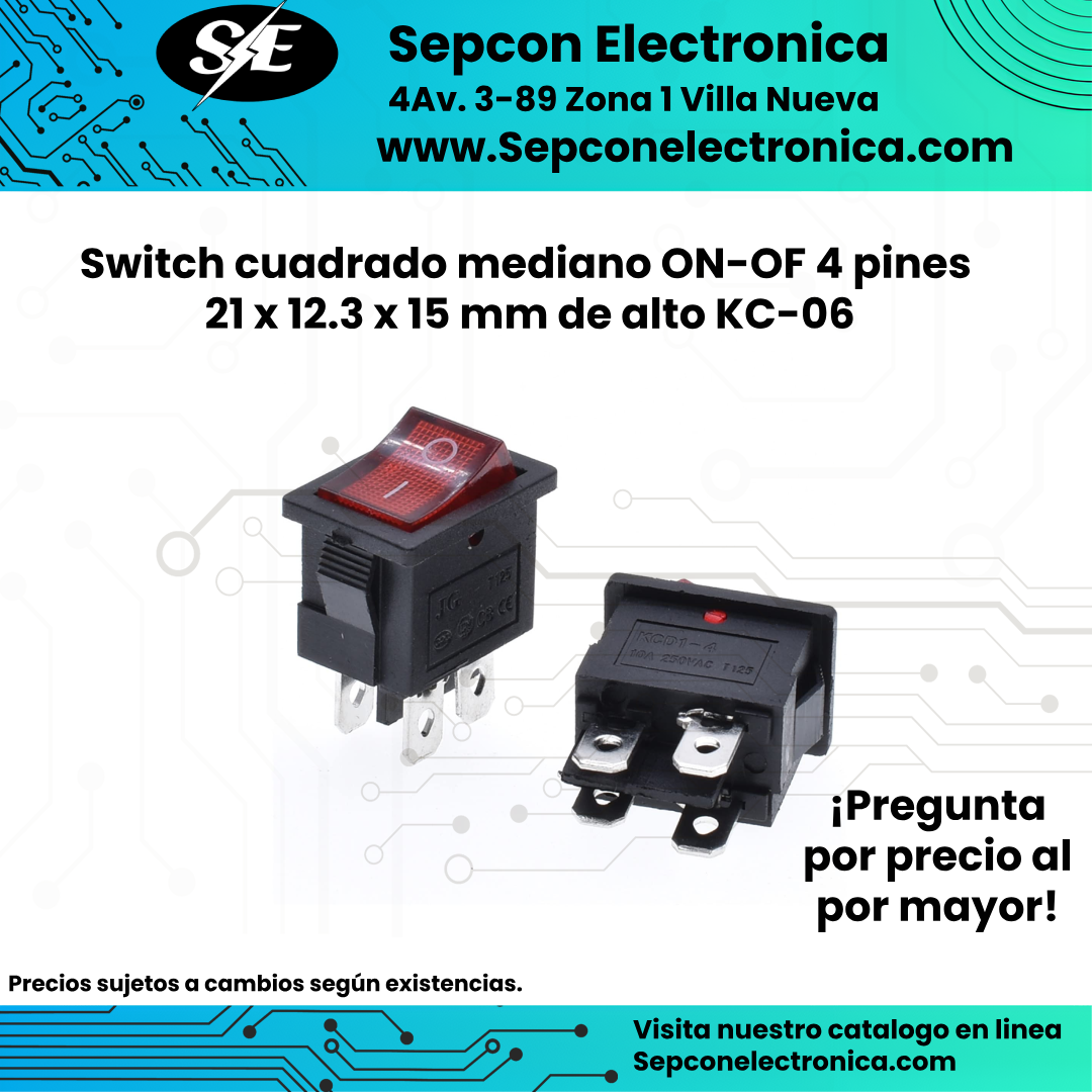 Switch cuadrado mediano ON-OF 4 pines   21 x 12.3 x 15 mm de alto KC-06