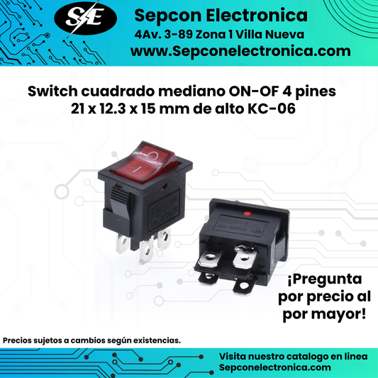 Switch cuadrado mediano ON-OF 4 pines   21 x 12.3 x 15 mm de alto KC-06