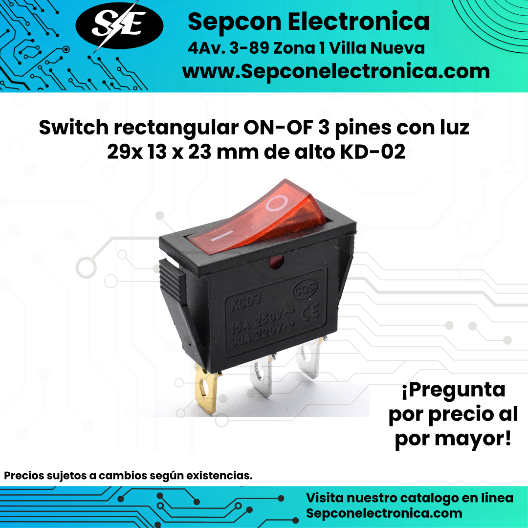 Switch rectangular ON-OF 3 pines con luz   29x 13 x 23 mm de alto KD-02