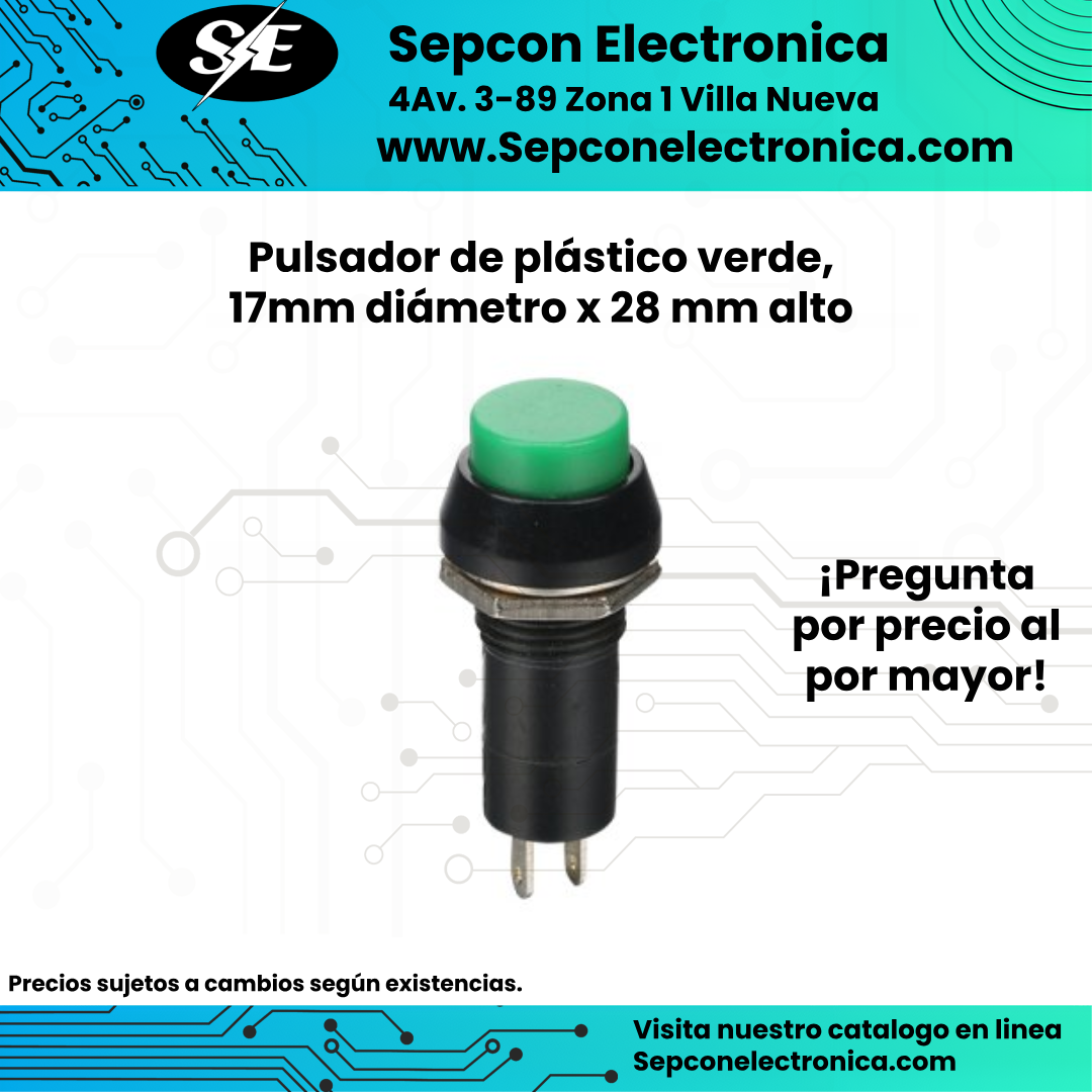 Pulsador de plástico verde, 17mm diámetro x 28 mm alto PBS-33B-G