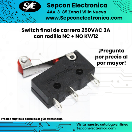 Switch final de carrera 250VAC 3A con rodillo NC + NO KW12
