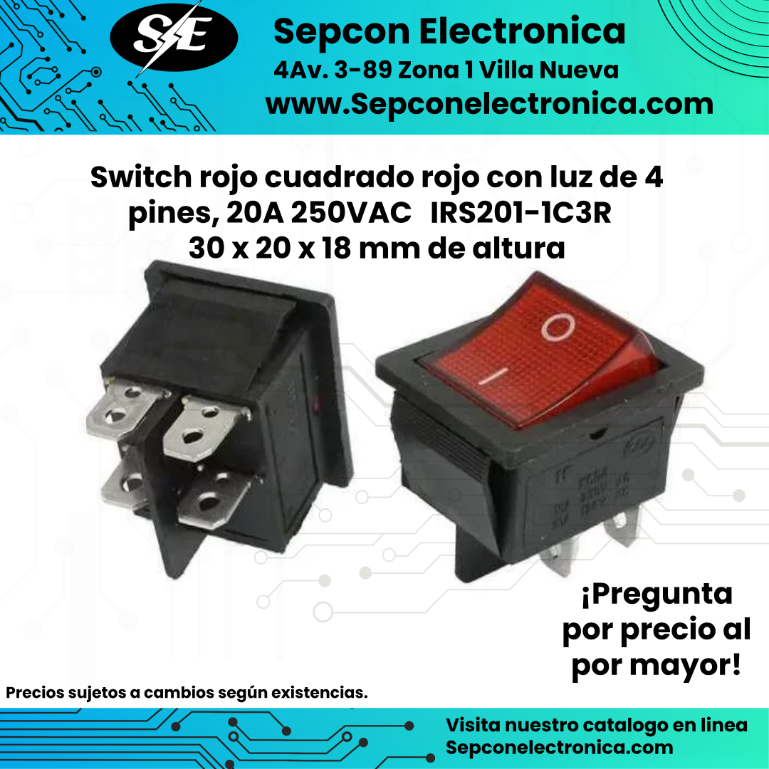 Switch rojo cuadrado rojo con luz de 4 pines, 20A 250VAC 	IRS201-1C3R 30 x 20 x 18 mm de altura