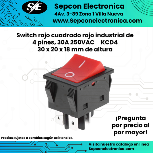 Switch rojo cuadrado rojo industrial de 4 pines, 30A 250VAC KCD4 30 x 20 x 18 mm de altura