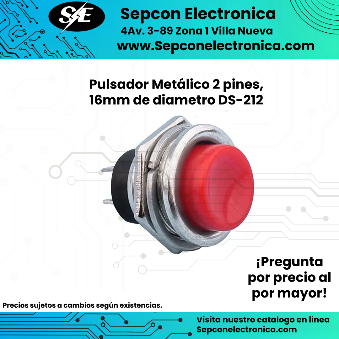 Pulsador Metálico rojo 2 pines,  16mm de diámetro DS-212