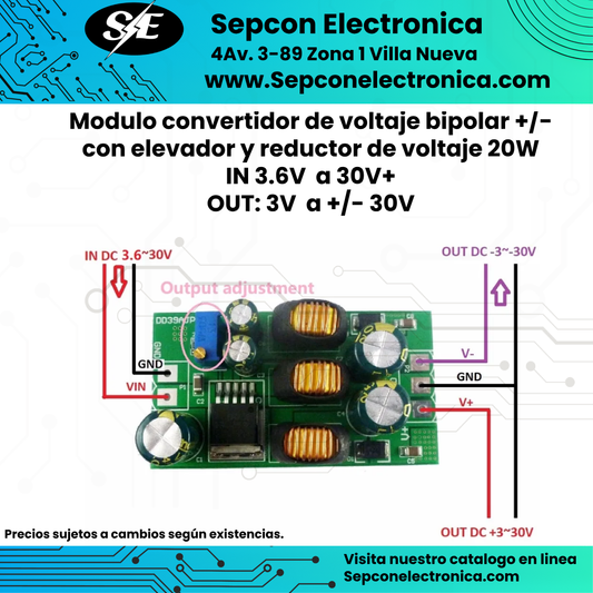 Modulo convertidor de voltaje bipolar +/- con elevador y reductor de voltaje 20W IN 3.6V  a 30V+ OUT: 3V  a +/- 30V