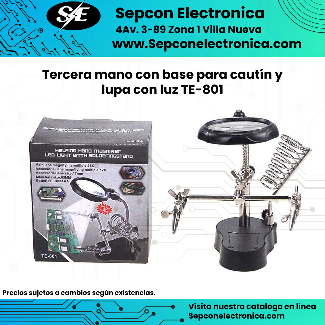 Tercera mano con base para cautín y lupa con luz TE-801